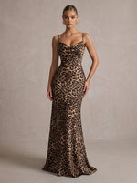 Jersey Mermaid Spaghetti Straps Maxi Formal Dresses with Leopard Print