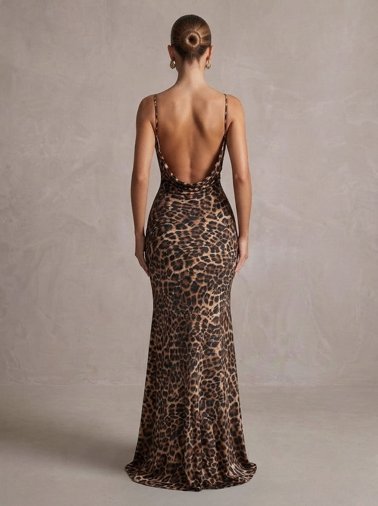 Jersey Mermaid Spaghetti Straps Maxi Formal Dresses with Leopard Print