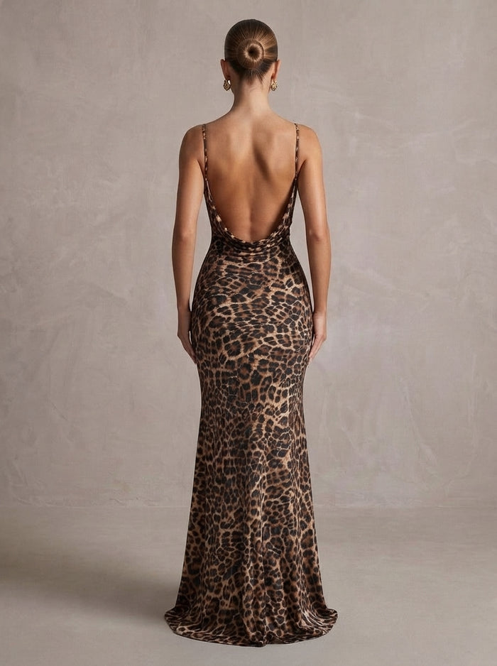 Jersey Mermaid Spaghetti Straps Maxi Formal Dresses with Leopard Print