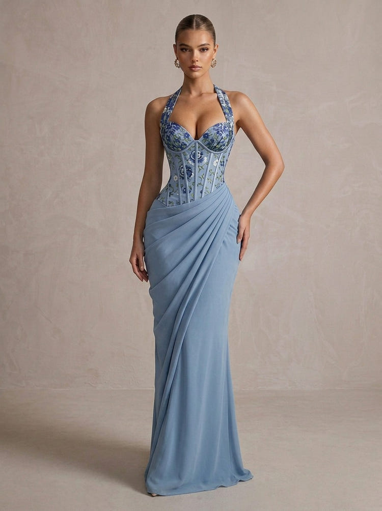 Chiffon Mermaid Halter Maxi Formal Dresses with Corset Bodice