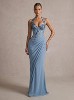 Chiffon Mermaid Halter Maxi Formal Dresses with Corset Bodice