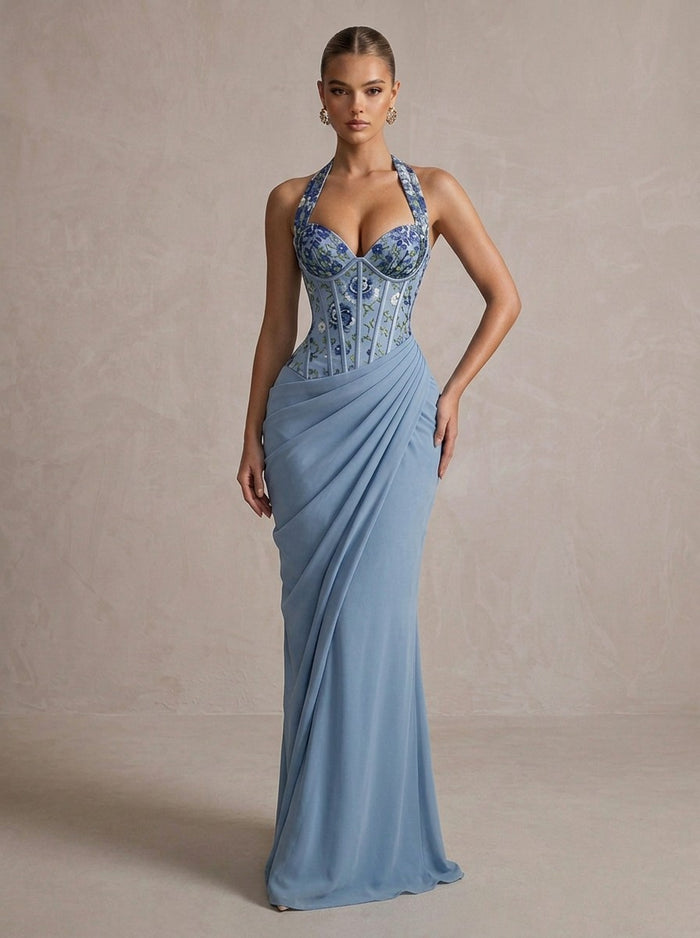 Chiffon Mermaid Halter Maxi Formal Dresses with Corset Bodice