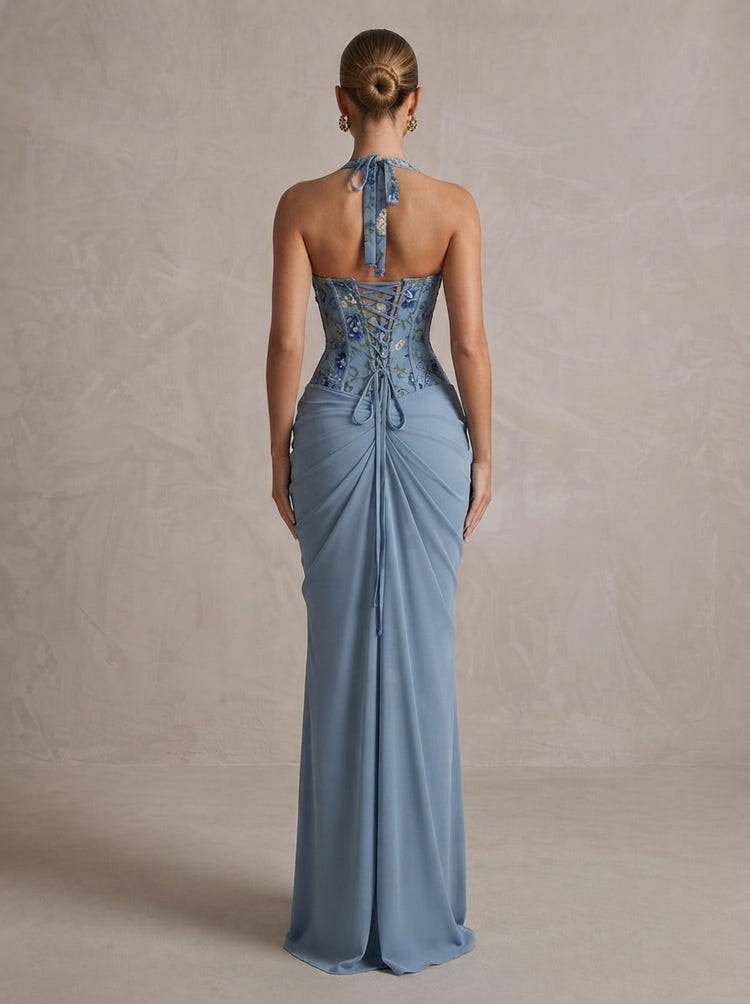 Chiffon Mermaid Halter Maxi Formal Dresses with Corset Bodice