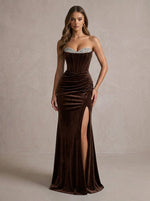 Velvet Mermaid Strapless Maxi Formal Dresses with Rhinestone