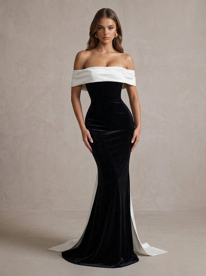 Velvet Mermaid Off Shoulder Maxi Formal Dresses with Oversized Bow