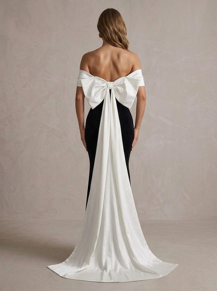 Velvet Mermaid Off Shoulder Maxi Formal Dresses with Oversized Bow