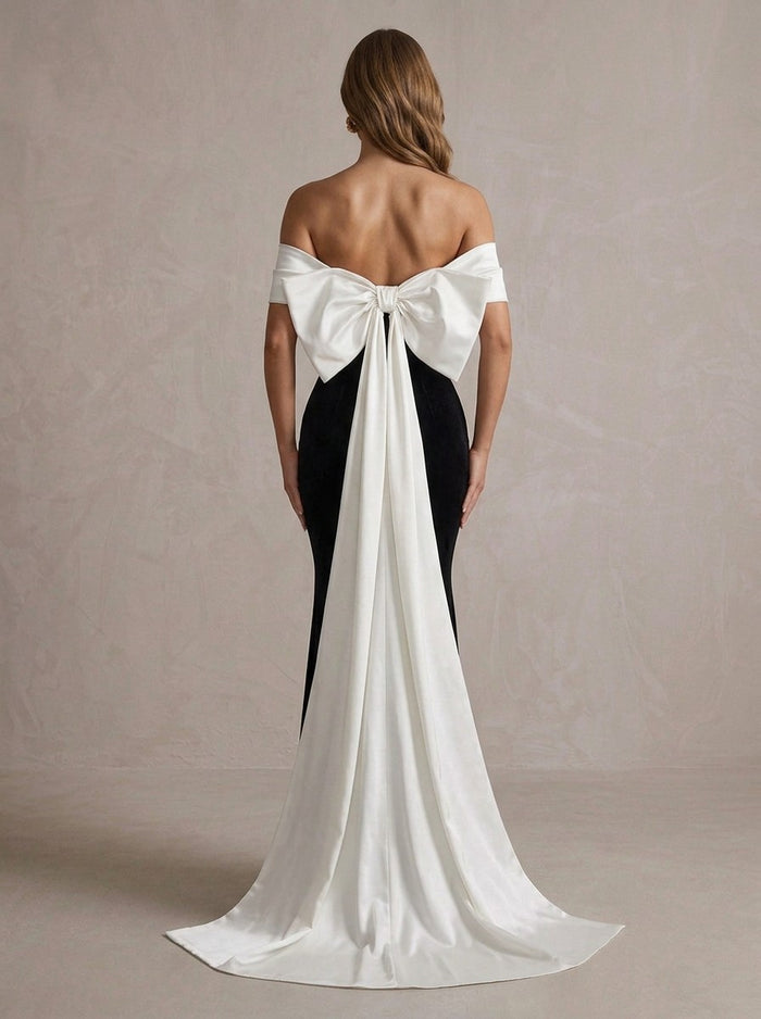 Velvet Mermaid Off Shoulder Maxi Formal Dresses with Oversized Bow