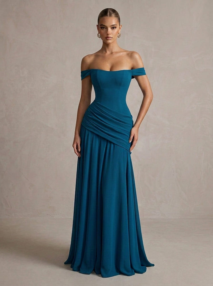 Jersey A-Line Off Shoulder Maxi Formal Dresses with Corset Bodice