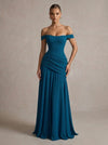 Jersey A-Line Off Shoulder Maxi Formal Dresses with Corset Bodice
