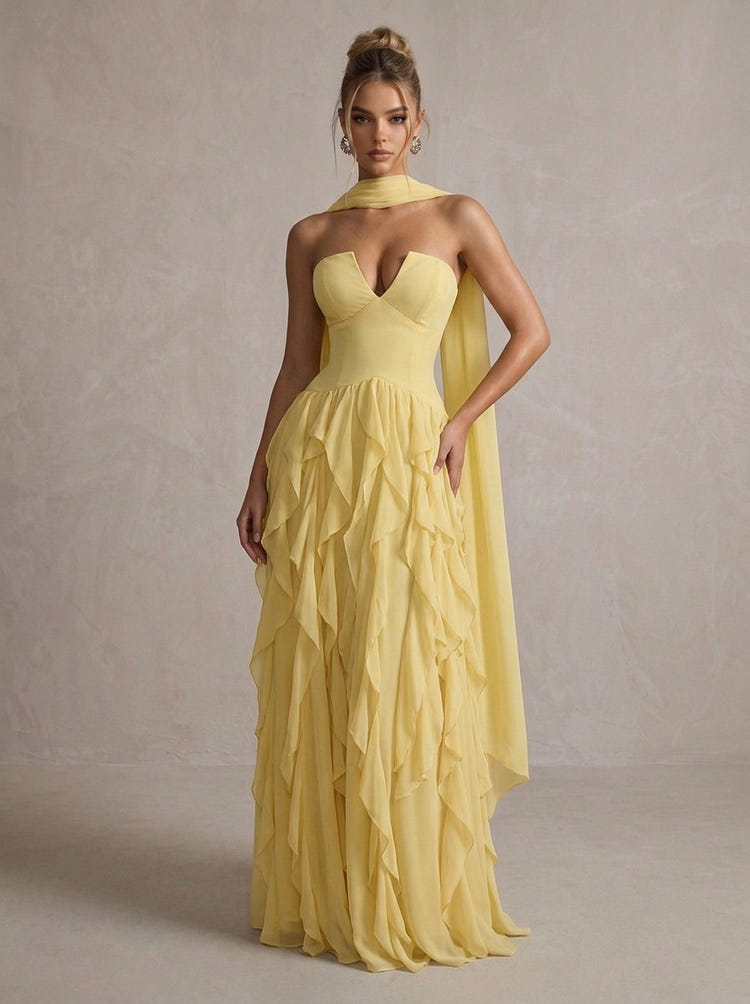 Chiffon A-Line Strapless Maxi Formal Dresses with Ruffles
