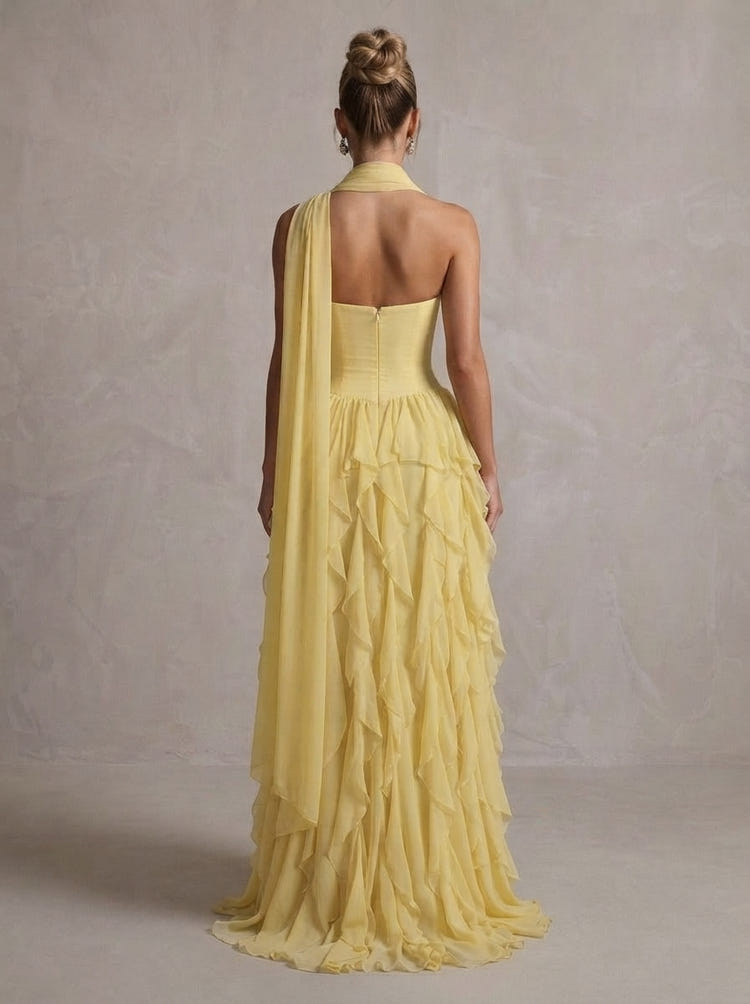 Chiffon A-Line Strapless Maxi Formal Dresses with Ruffles