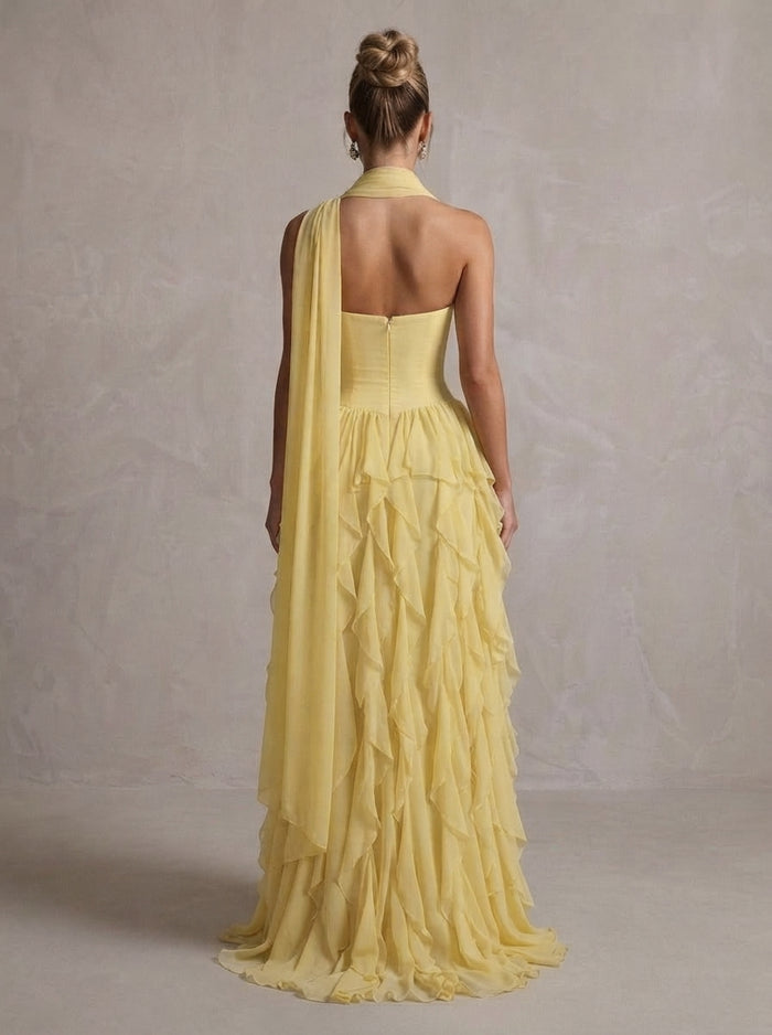 Chiffon A-Line Strapless Maxi Formal Dresses with Ruffles