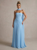 Chiffon A-Line Strapless Maxi Formal Dresses with Corset Bodice