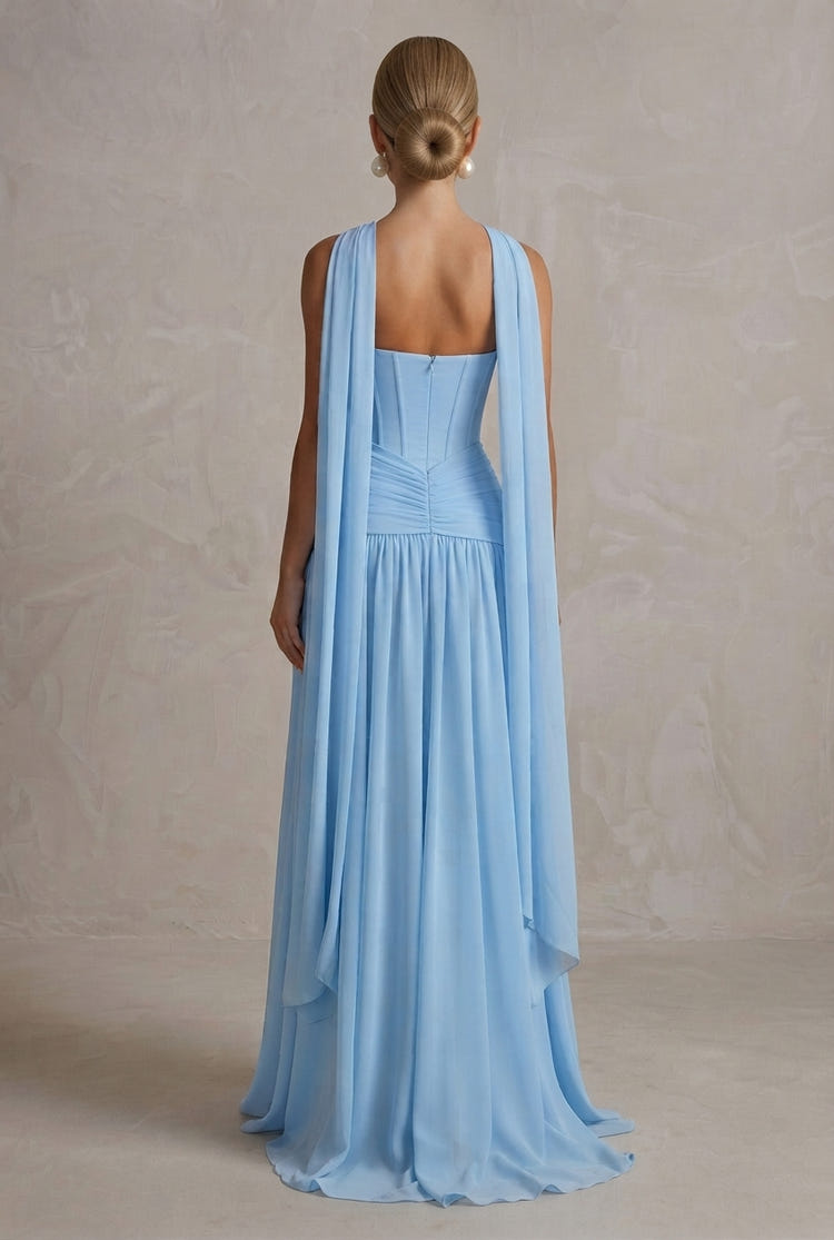 Chiffon A-Line Strapless Maxi Formal Dresses with Corset Bodice
