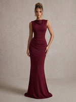 Satin Mermaid Boat Neck Maxi Formal Dresses with Side Waist Ruched