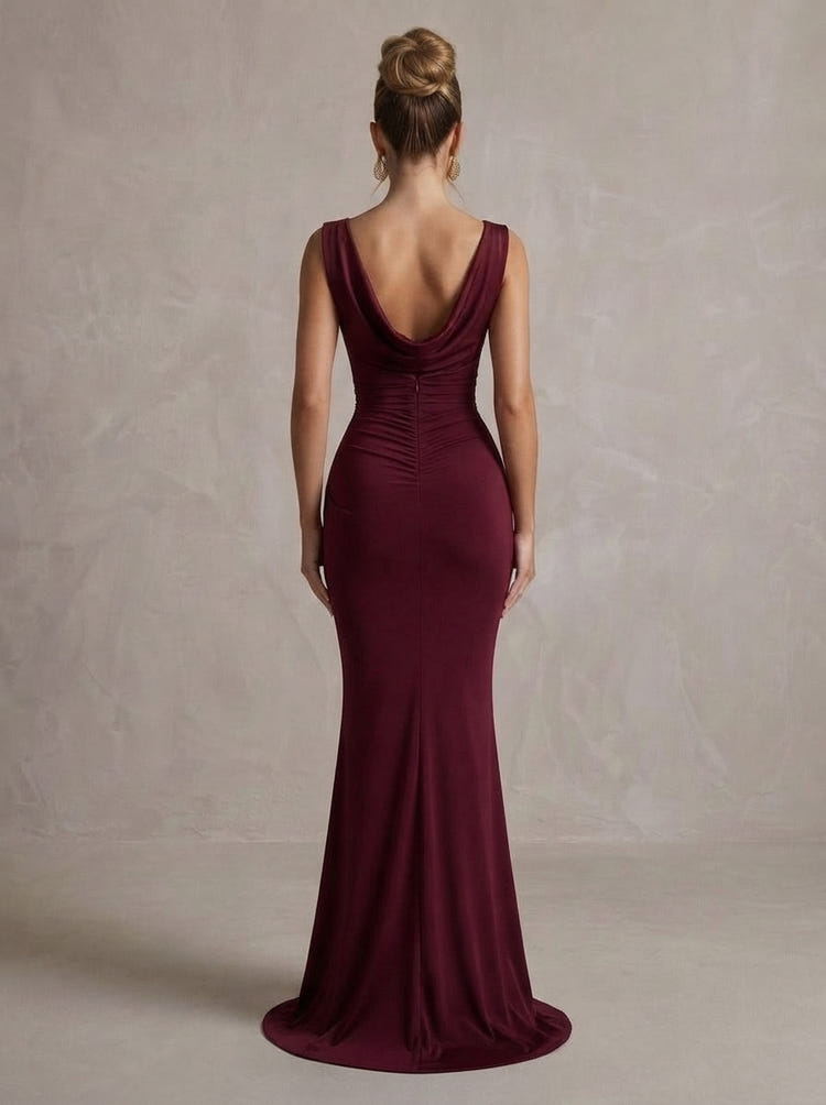 Satin Mermaid Boat Neck Maxi Formal Dresses with Side Waist Ruched