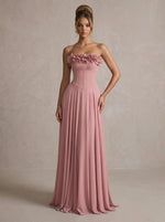 Chiffon A-Line Strapless Maxi Formal Dresses with 3D Flowers