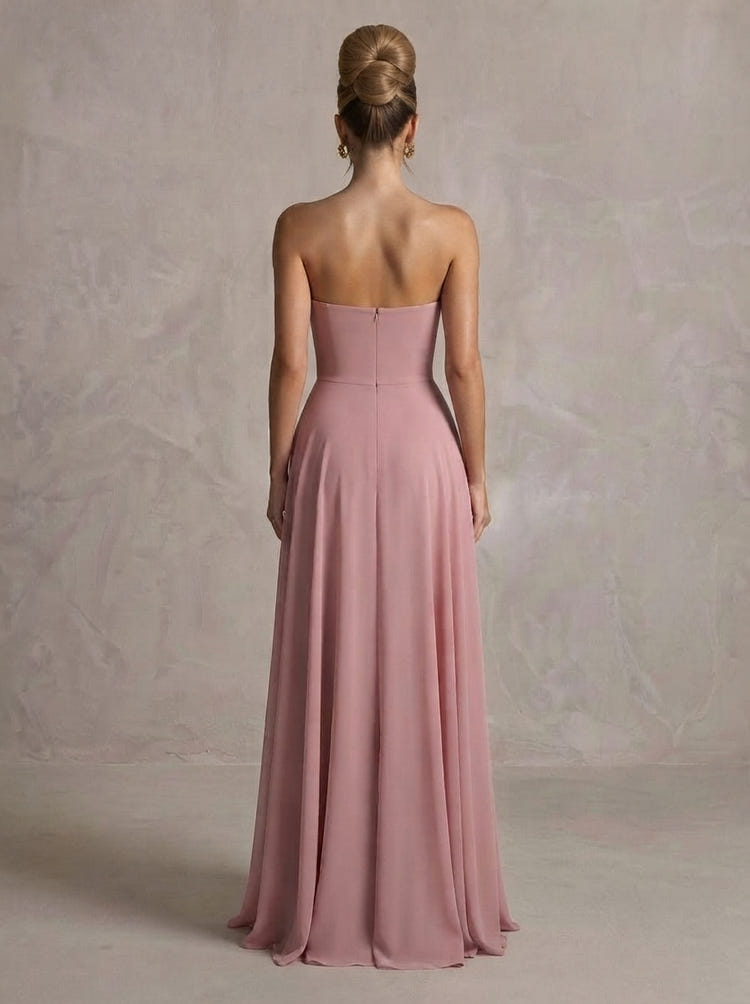 Chiffon A-Line Strapless Maxi Formal Dresses with 3D Flowers