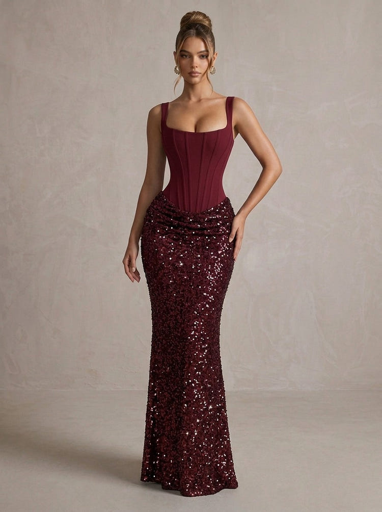 Sequins Mermaid Square Neck Maxi Formal Dresses with Corset Bodice