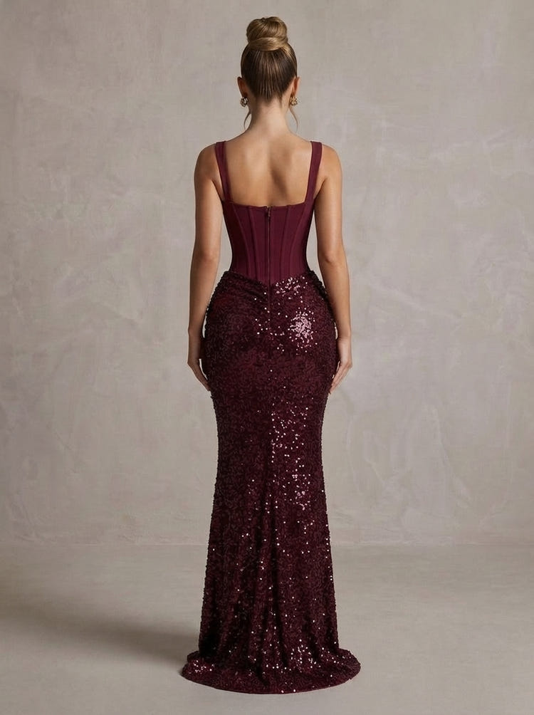 Sequins Mermaid Square Neck Maxi Formal Dresses with Corset Bodice