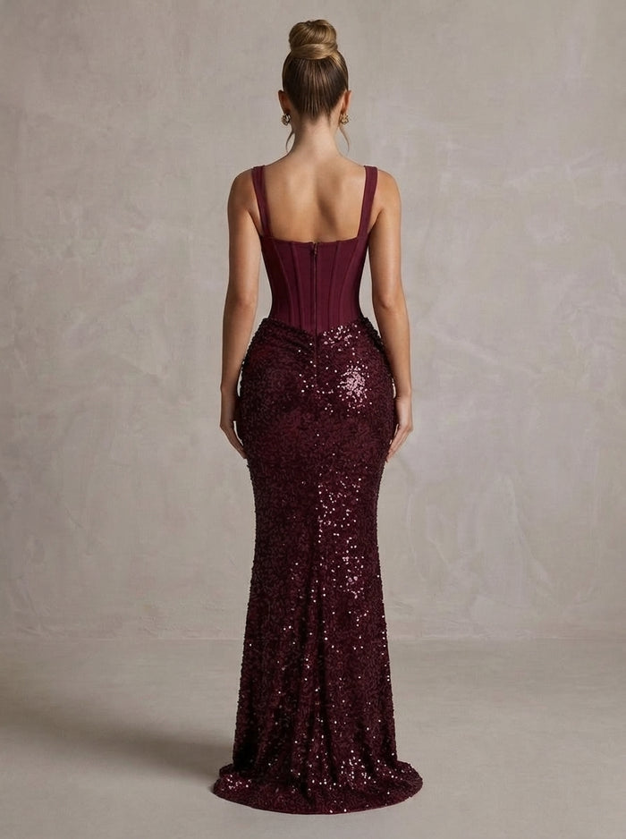 Sequins Mermaid Square Neck Maxi Formal Dresses with Corset Bodice