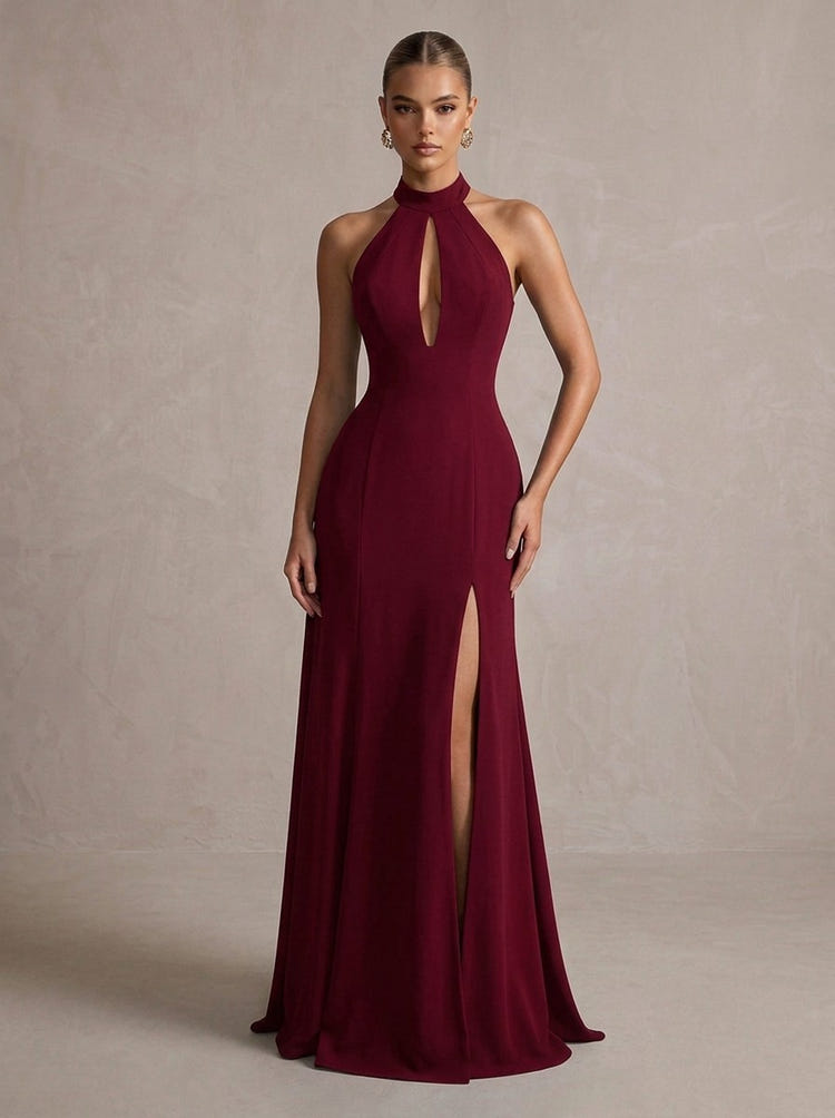 Jersey A-Line Halter Maxi Formal Dresses with Cutout