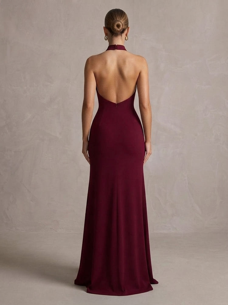 Jersey A-Line Halter Maxi Formal Dresses with Cutout