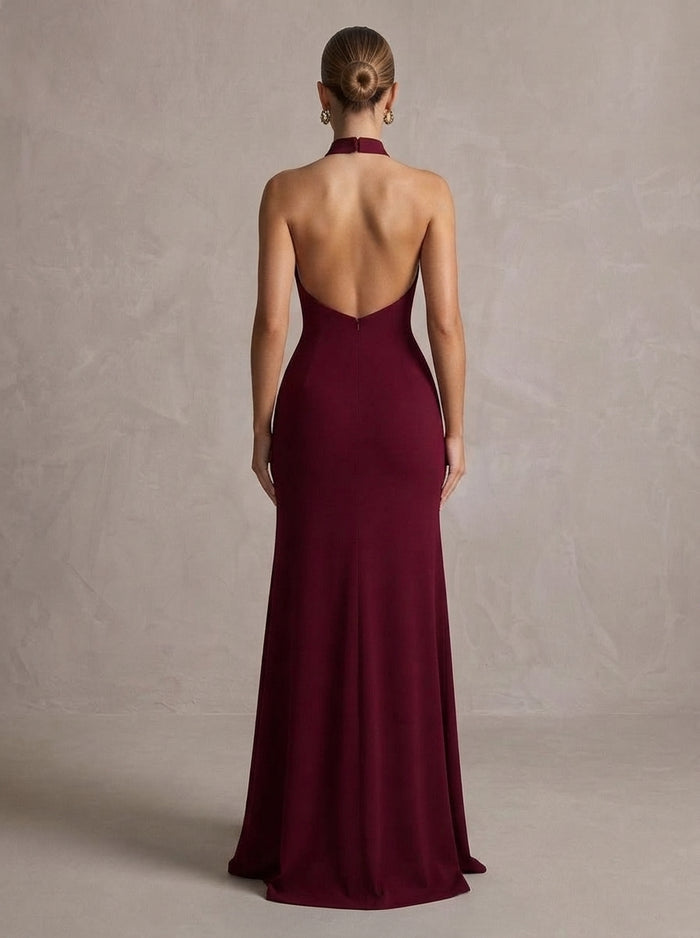 Jersey A-Line Halter Maxi Formal Dresses with Cutout