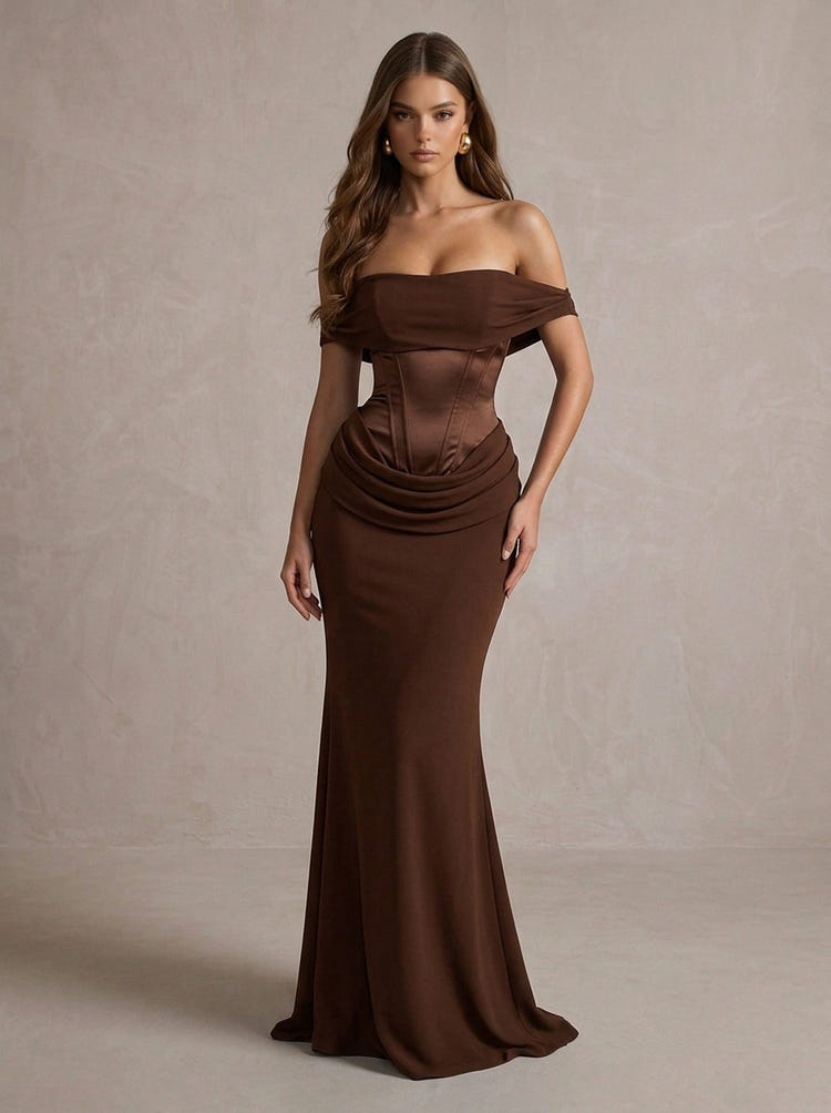 Jersey A-Line Off Shoulder Maxi Formal Dresses with Corset Bodice