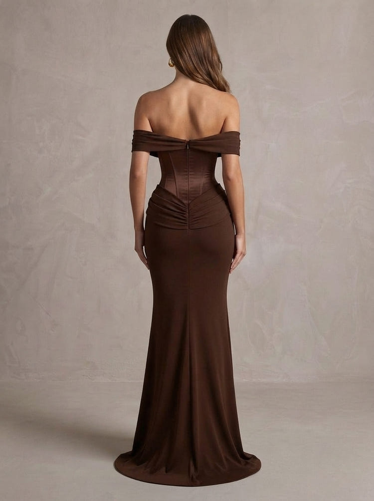 Jersey A-Line Off Shoulder Maxi Formal Dresses with Corset Bodice
