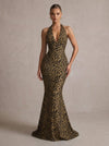Jersey Mermaid Halter Maxi Formal Dresses with Leopard Print