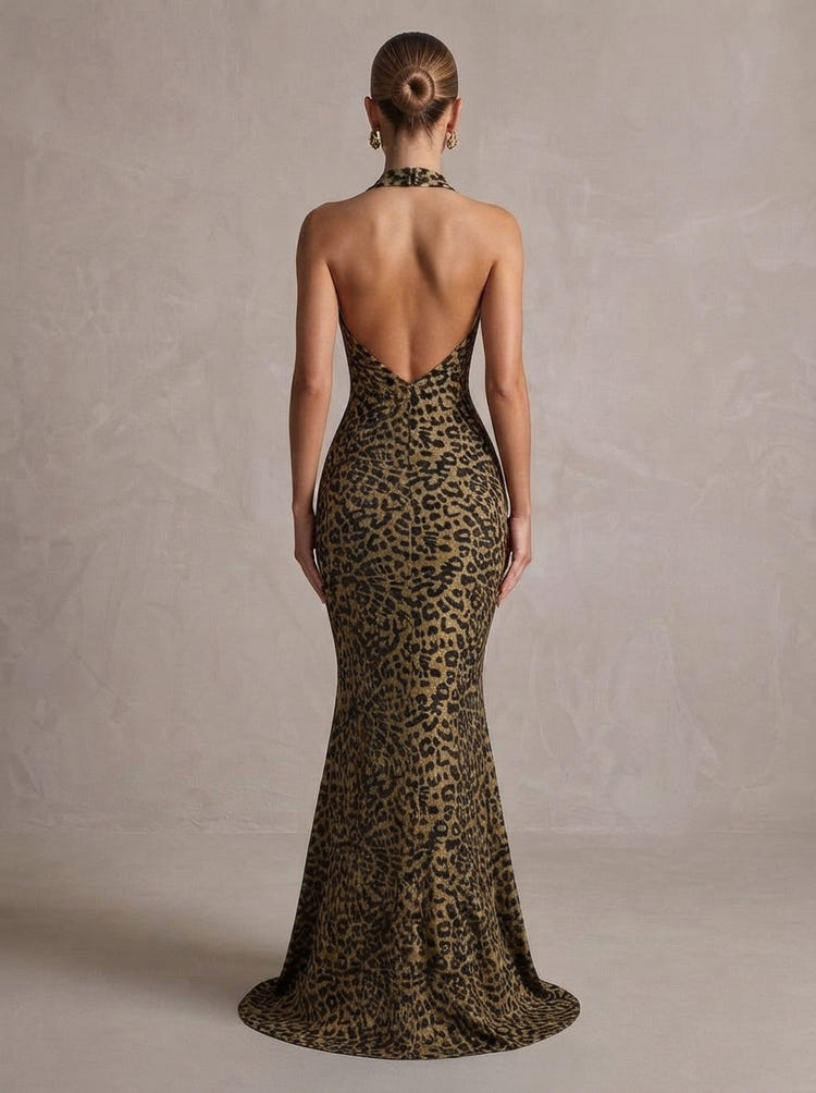 Jersey Mermaid Halter Maxi Formal Dresses with Leopard Print