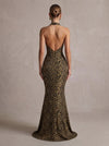 Jersey Mermaid Halter Maxi Formal Dresses with Leopard Print