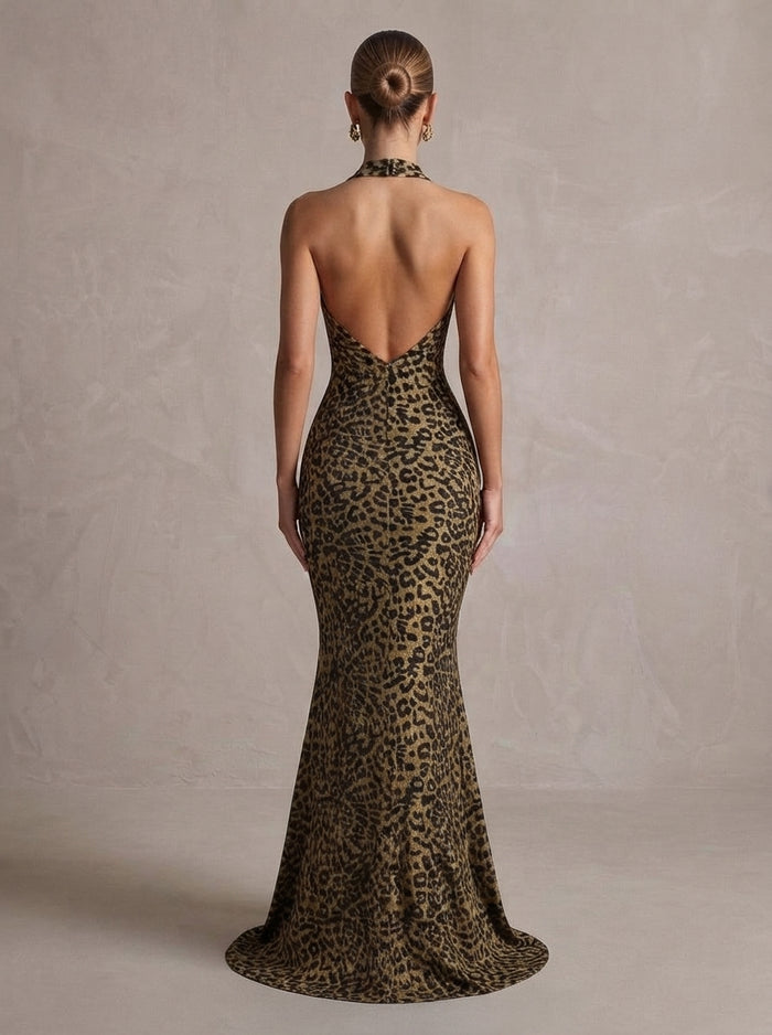 Jersey Mermaid Halter Maxi Formal Dresses with Leopard Print