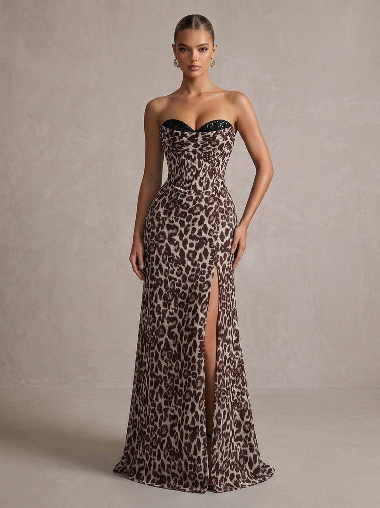 Jersey Mermaid Strapless Maxi Formal Dresses with Leopard Print