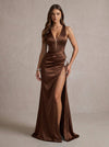 Satin Mermaid V Neck Maxi Formal Dresses with Side Slit