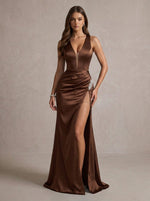 Satin Mermaid V Neck Maxi Formal Dresses with Side Slit