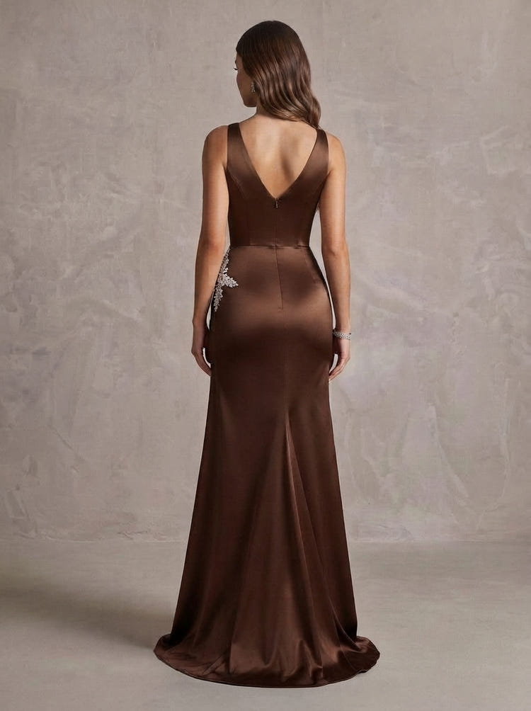 Satin Mermaid V Neck Maxi Formal Dresses with Side Slit