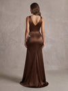 Satin Mermaid V Neck Maxi Formal Dresses with Side Slit