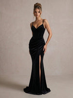 Velvet Mermaid Spaghetti Straps Maxi Formal Dresses with Side Waist Ruched