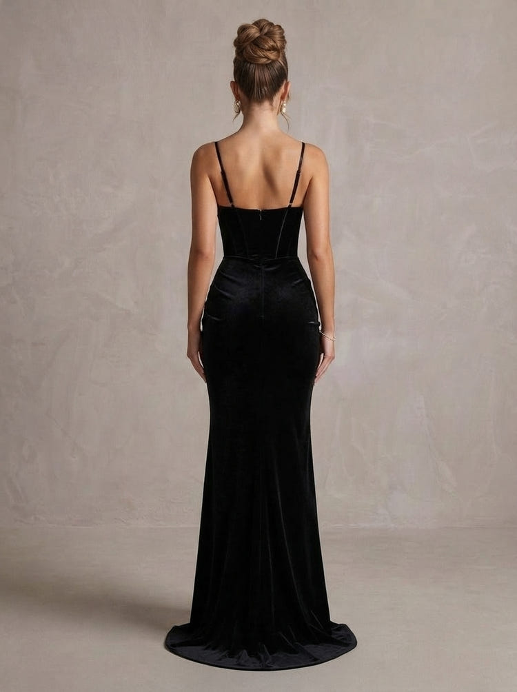 Velvet Mermaid Spaghetti Straps Maxi Formal Dresses with Side Waist Ruched