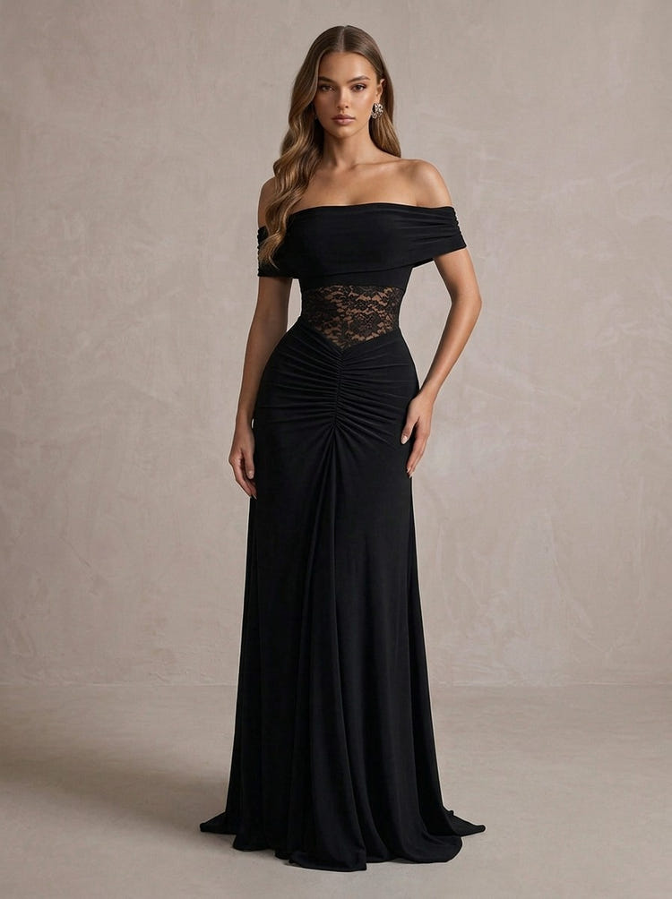 Jersey Mermaid Off Shoulder Maxi Formal Dresses with Sheer Floral Lace Waist Panel