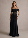 Jersey Mermaid Off Shoulder Maxi Formal Dresses with Sheer Floral Lace Waist Panel
