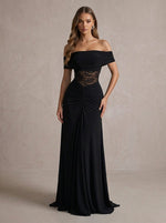 Jersey Mermaid Off Shoulder Maxi Formal Dresses with Sheer Floral Lace Waist Panel