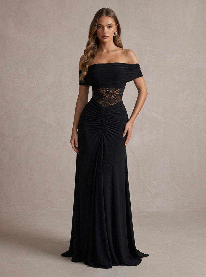 Jersey Mermaid Off Shoulder Maxi Formal Dresses with Sheer Floral Lace Waist Panel