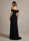Jersey Mermaid Off Shoulder Maxi Formal Dresses with Sheer Floral Lace Waist Panel
