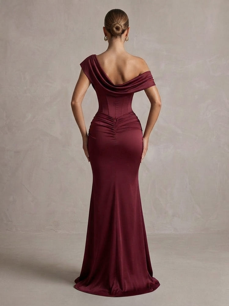 Satin Mermaid One Shoulder Maxi Formal Dresses with Corset Bodice
