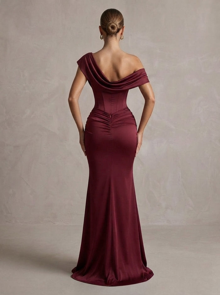 Satin Mermaid One Shoulder Maxi Formal Dresses with Corset Bodice