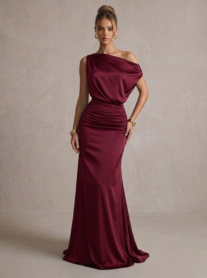 Satin Mermaid One Shoulder Maxi Formal Dresses with Side Waist Ruched