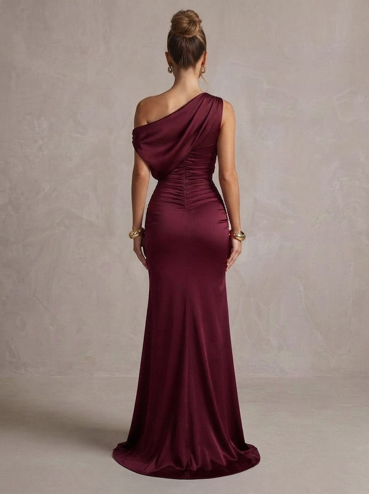 Satin Mermaid One Shoulder Maxi Formal Dresses with Side Waist Ruched